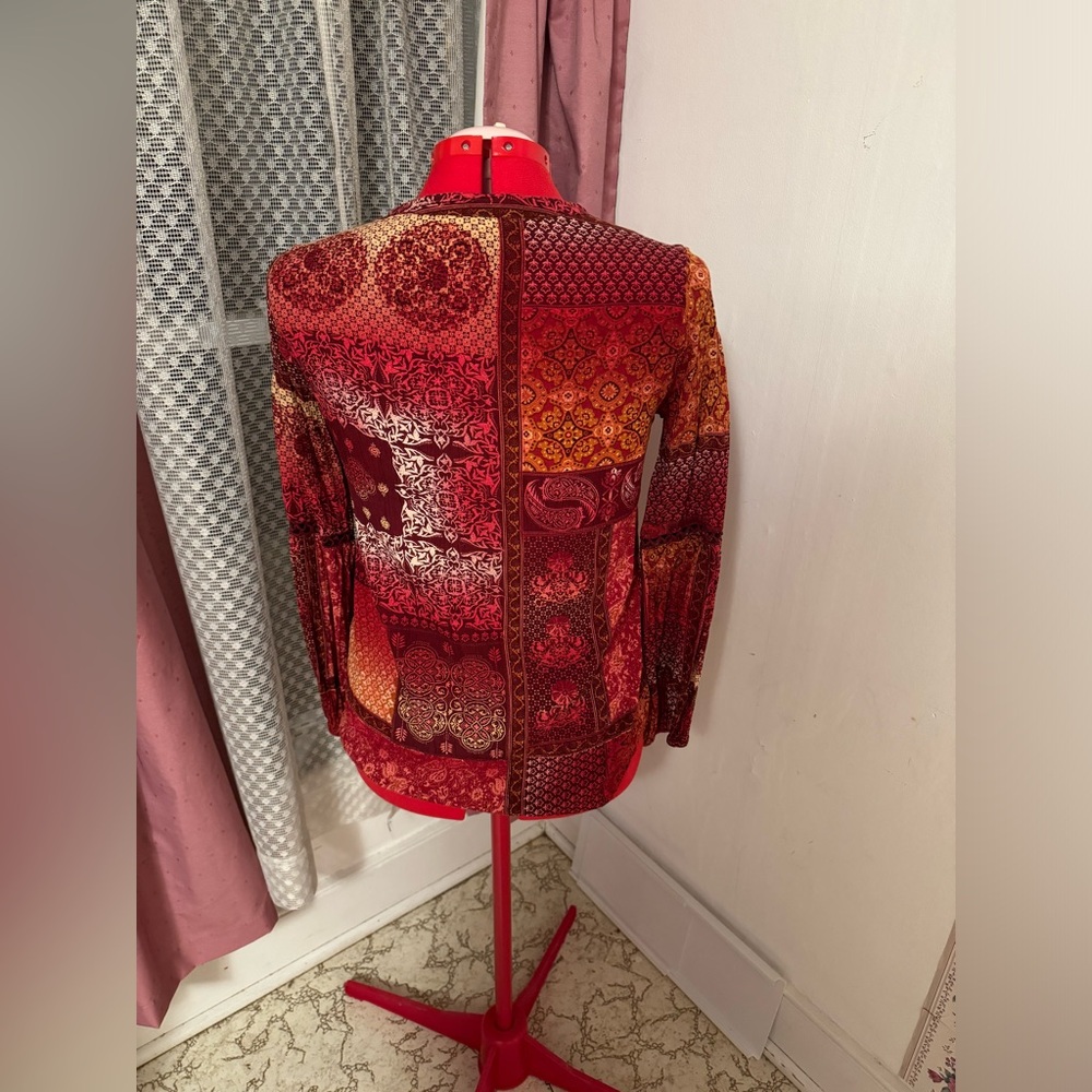Red Patterned Long Sleeve Blouse.